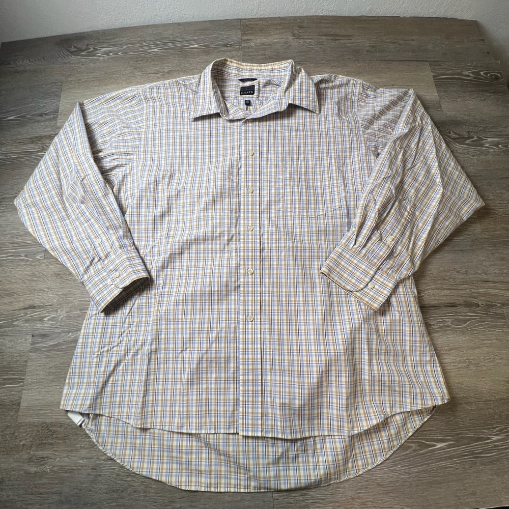 Chaps Button Down Shirt Mens 18 34/35 Tan Blue Plaid Non-Iron Classic Fit Pocket